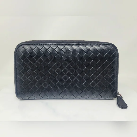 Bottega Veneta Black Woven Leather Zip Around Long Wallet Italy Authentic